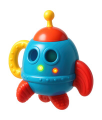 Interactive spaceship chew toy with lights for toddlers in a playroom.