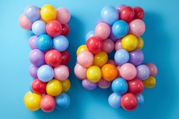 Fototapeta premium Colorful Balloon Arrangement Forming Number 14 on Blue Background