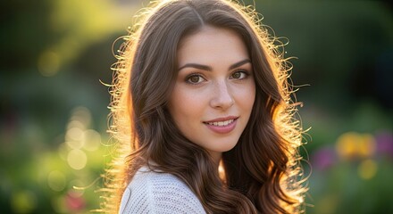A young woman with long, wavy brown hair, wearing a white sweater, standing in a garden with vibrant flowers in the background.