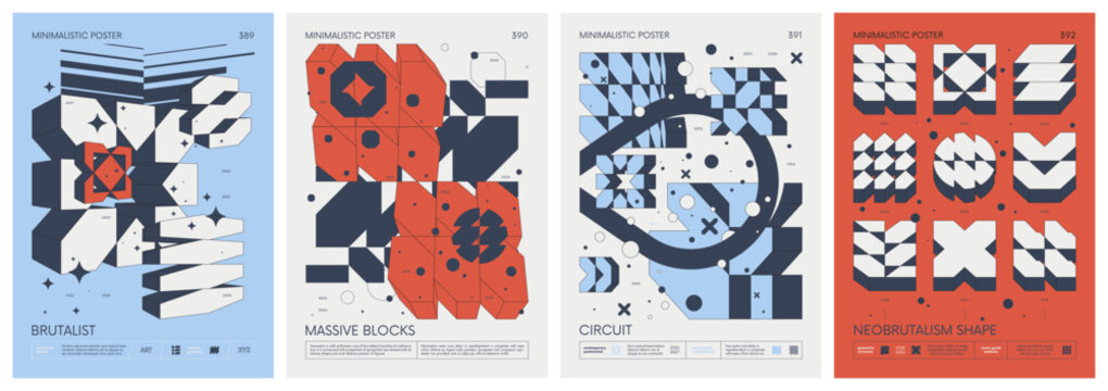 Futuristic abstract graphic wireframe elements of geometric shapes rave composition, Brutalism style vector minimalistic Posters with silhouette postmodern figures, Trendy color print artwork set 98