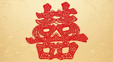 Chinese traditional red paper cut of a dragon and phoenix