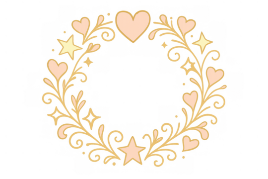Ornamental wreath forming a circle with hearts, stars, and swirls, creating a romantic celebration frame on transparent background
