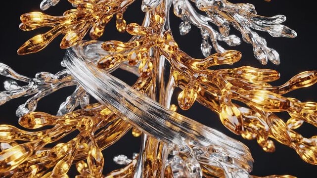 Decorative gold and silver tree sculpture with twisted ribbon on black background for luxury design concept