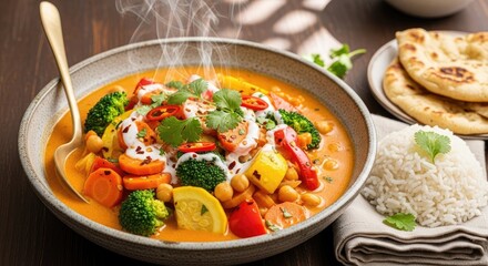A bowl of vibrant, colorful vegetable curry with a side of rice and naan bread on a rustic wooden table.