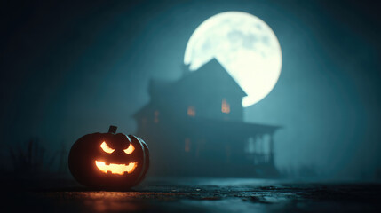 Halloween night with glowing jack-o'-lanterns and people walking through spooky streets