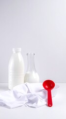 Minimalist composition featuring bottles of milk and a red spoon