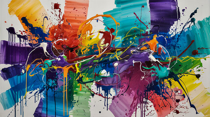 An abstract expressionist painting with vibrant splashes of color.