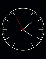 Minimalist digital clock illustration, black background, white markings and hands