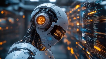 Futuristic humanoid robot with advanced ai interface working in high technology environment - Powered by Adobe