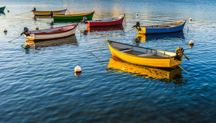 Obraz premium Colorful boats float on calm blue water under a bright sky.
