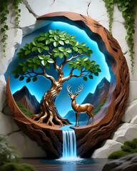 Naklejka premium Deer standing under the tree and a waterfall nearby I Wall Decor 