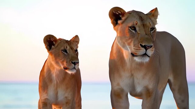 Two Female Lions Walking on Beach at Sunset
