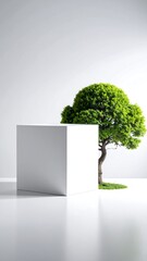 Minimalist image of a cube beside a small vibrant green tree