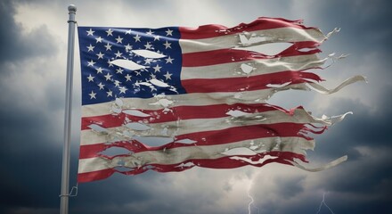 A tattered American flag waving in the wind against a stormy sky.
