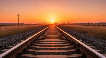 A long, straight railway track stretching into the distance with a bright orange and yellow sunset in the background.