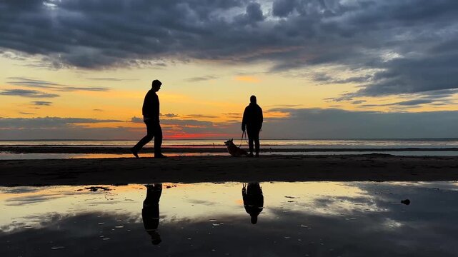 Happy family walks with a dog