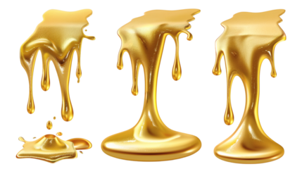 Set of melted gold drips with a realistic sheen isolated on a white background