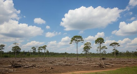 A vast, barren landscape with a dirt road and scattered trees, under a blue sky with fluffy white clouds.