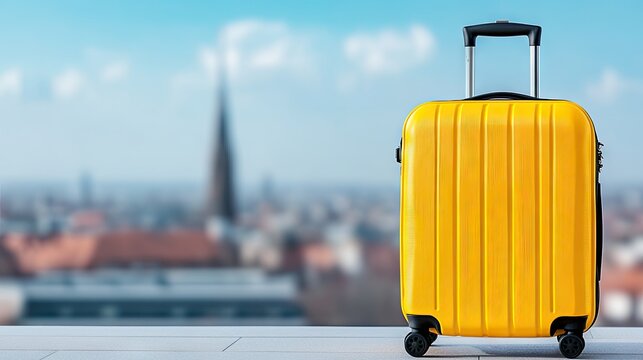 A bright yellow suitcase awaits travel in a vibrant cityscape under a summer sky