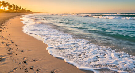 A scenic view of a tropical beach with palm trees and gentle waves during a warm sunset glow ai generated