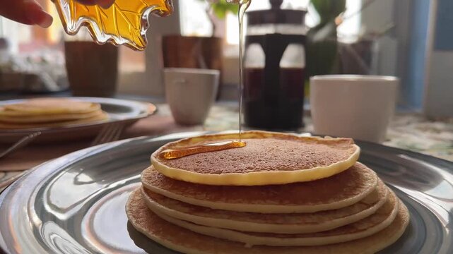 Drizzling pancakes with maple syrup