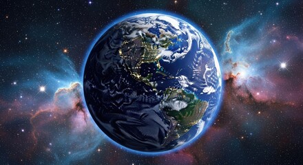 A vibrant Earth with a blue atmosphere and stars in the background.