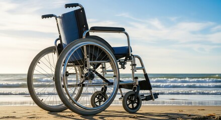 A wheelchair on a beach with the ocean in the background.