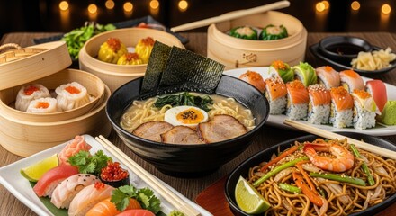 A table filled with various Asian cuisine dishes, including sushi, ramen, and tempura.