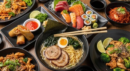 A table filled with various Asian cuisine dishes, including ramen, sushi, and stir-fries.