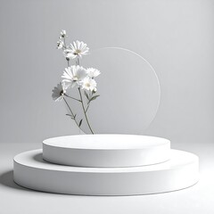 Minimalist white pedestal, flowers, and translucent circle background