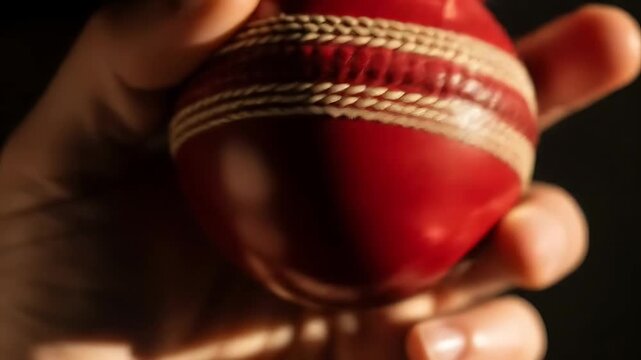 Hand holding a cricket ball, Inspecting a red cricket ball, Cricket seam texture close-up 4k video