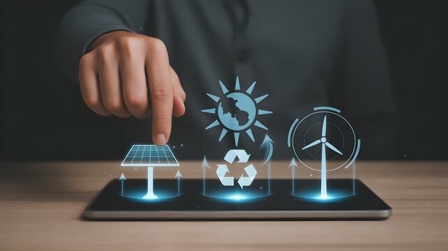 Hand interacting with renewable energy icons on digital tablet vector