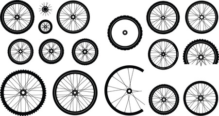 Set of various bicycle wheels and tires with different spoke patterns, realistic black vector illustration for design use
