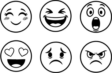 Collection of six different cartoon style emoji faces with various expressions vector illustration of happy, sad, angry faces