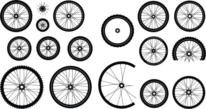 Set of various bicycle wheels and tires with different spoke patterns, realistic black vector illustration for design use