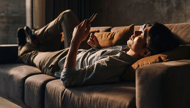 Man lying on sofa using smartphone indoors - Powered by Adobe