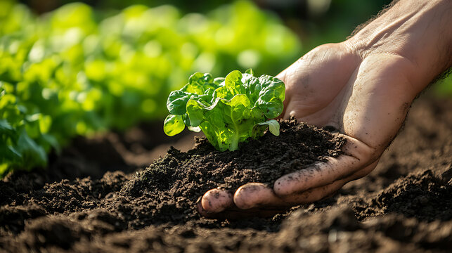 Close up of gardener s hands gently planting a small green seedling into rich dark soil - Powered by Adobe