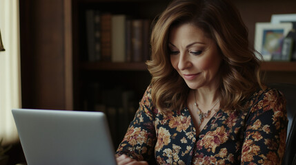 Hispanic woman with wavy hair in floral dress works on laptop, warm lamp light creates a cozy inviting room