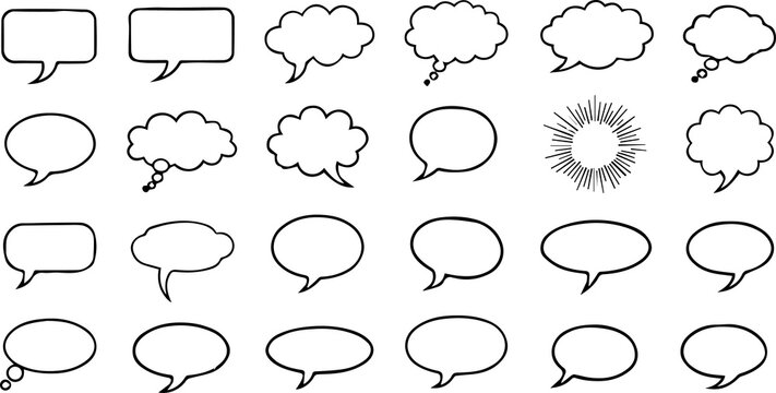 Set of hand drawn speech bubbles collection of doodle style comic balloon, cloud shape for text message, talk, idea vector illustration