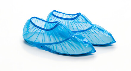 A pair of light blue disposable shoe covers on a white background in a studio setting ai generated