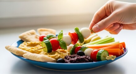 Culinary delight: A colorful plate brimming with fresh vegetables, and delectable treats. A hand delicately picks up a skewer, revealing the freshness of the feast and the tempting flavors within.