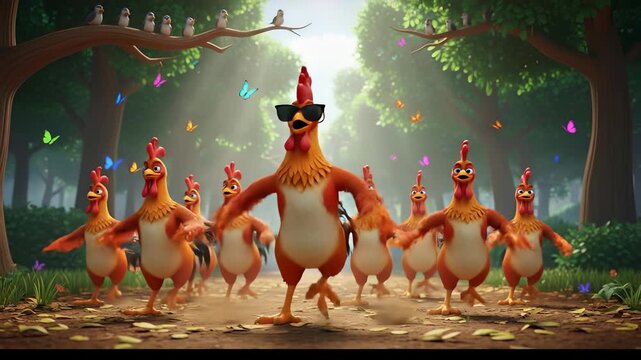 3D animation of a funky rooster leading a chicken flash mob dance in a sun-drenched forest with butterflies. Suitable for childrens books, music events, and Illustration, animals, music, fun, colorful