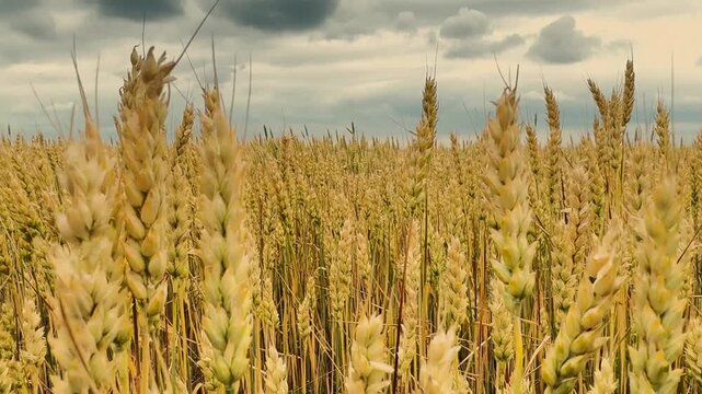 Golden Wheat Field, Ripe Wheat Under Cloudy Sky, Wheat Harvest Season, Agricultural Landscape, Ripening Grain Crop, Summer Wheat Field, Rural Scenery, Ears Closeup, Natural Farm Field, Countryside