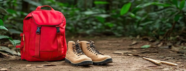 A red backpack and hiking boots ready for adventure on a rainforest trail surrounded by lush vegetation and nature's tranquility