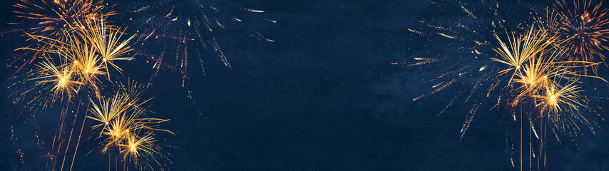 Silvester 2026 New year New Year's Eve Party, new years eve background banner panorama long- firework fireworks on rustic dark blue night sky texture