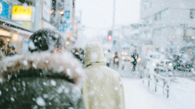 People walking through snowy city streets with warm winter lights