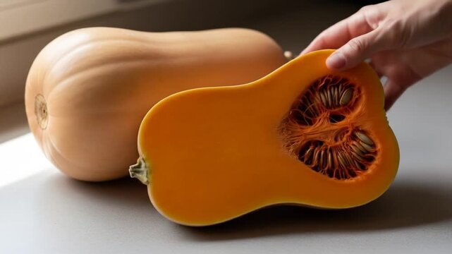 Close-up view of fresh butternut squash being prepared, showcasing its vibrant orange flesh and