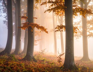 Misty autumn forest scene with trees, falling leaves, and sunlight