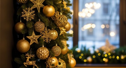 Golden Christmas Adornments: A beautifully decorated Christmas tree, adorned with shimmering gold ornaments and twinkling lights, radiates holiday cheer, creating a festive and inviting atmosphere.