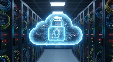 Secure cloud technology data center with digital padlock for robust cybersecurity protecting information and system integrity in cyberspace